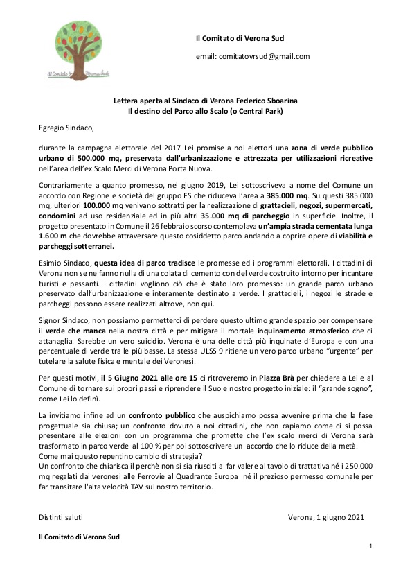 Lettera aperta al Sindaco di Verona Federico Sboarina. Il destino del Parco allo Scalo (o Central Park)