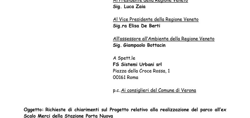 Richieste di chiarimenti sul Progetto relativo alla realizzazione del parco all’ex Scalo Merci della Stazione Porta Nuova